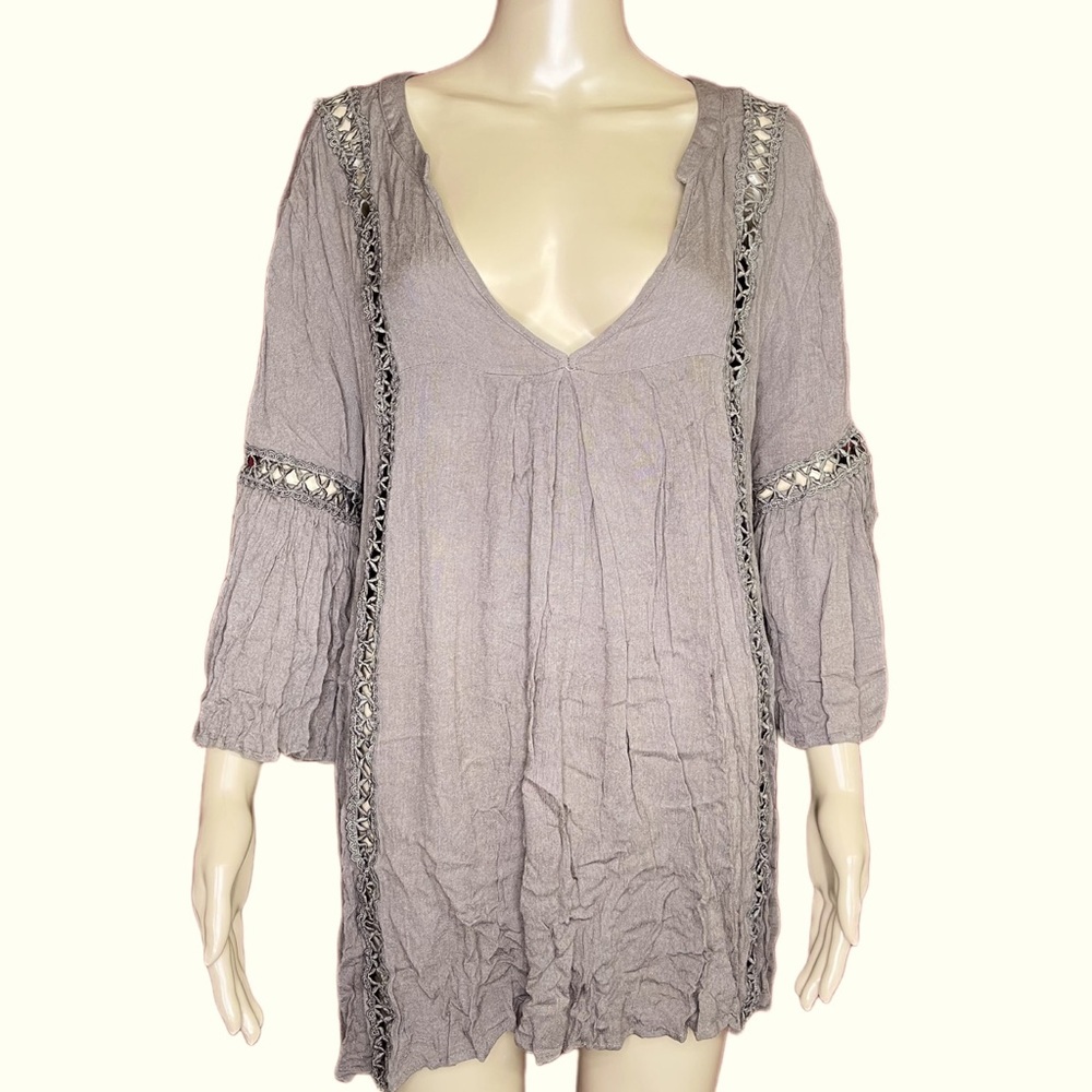 Nostalgia Brown Gauze Crochet Oversized Bell Sleeve Top Size XL